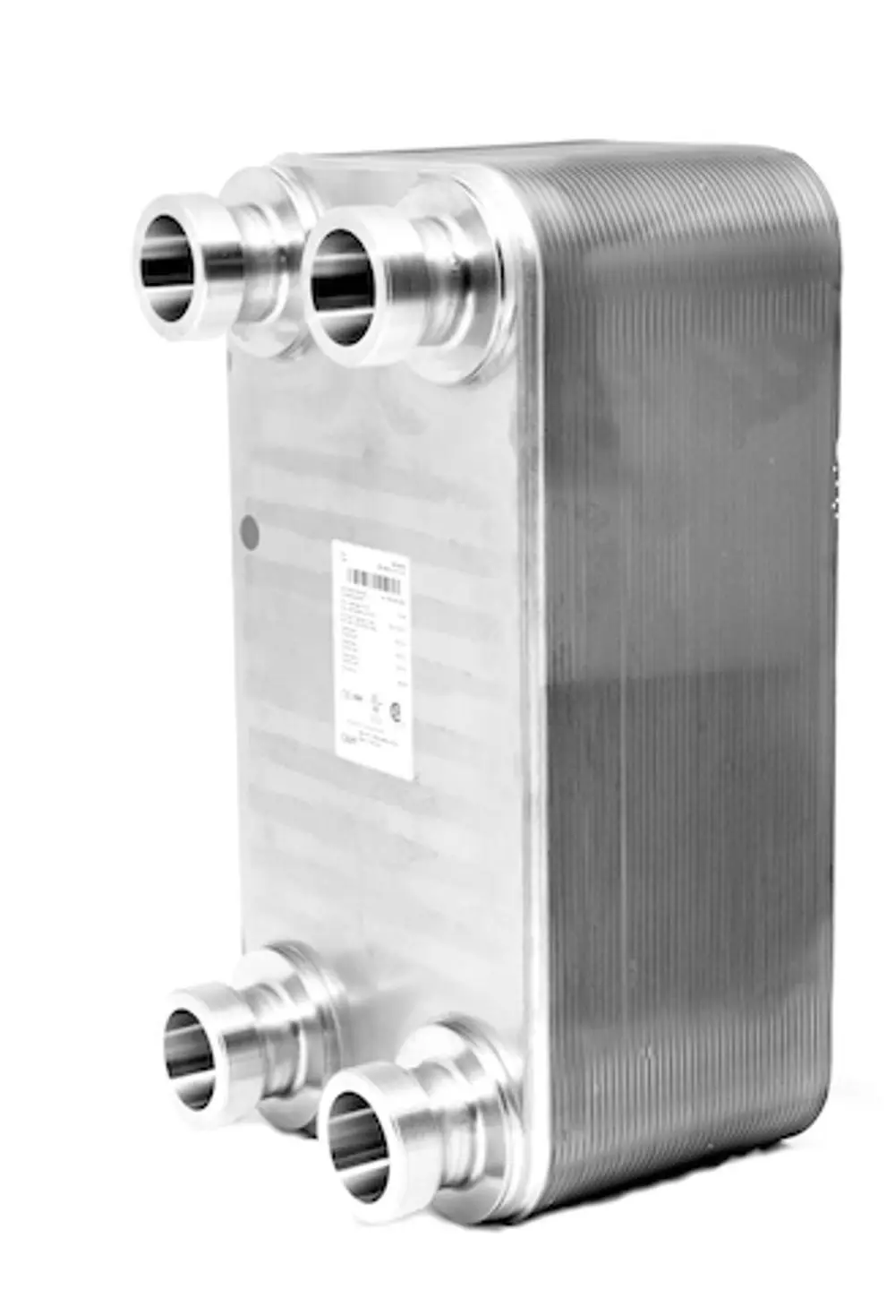 Roth Wärmetauscher mit vier Anschlussbohrungen, rechteckiger Form und glatter Metalloberfläche. Gerät im vertikalen Stand mit gekennzeichneten Spezifikationen auf der Seite.